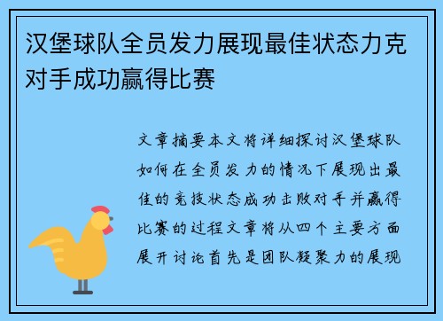 汉堡球队全员发力展现最佳状态力克对手成功赢得比赛