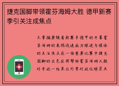 捷克国脚带领霍芬海姆大胜 德甲新赛季引关注成焦点