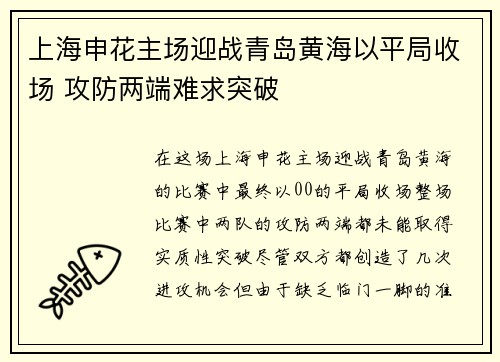 上海申花主场迎战青岛黄海以平局收场 攻防两端难求突破