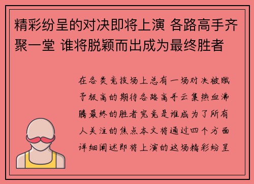 精彩纷呈的对决即将上演 各路高手齐聚一堂 谁将脱颖而出成为最终胜者