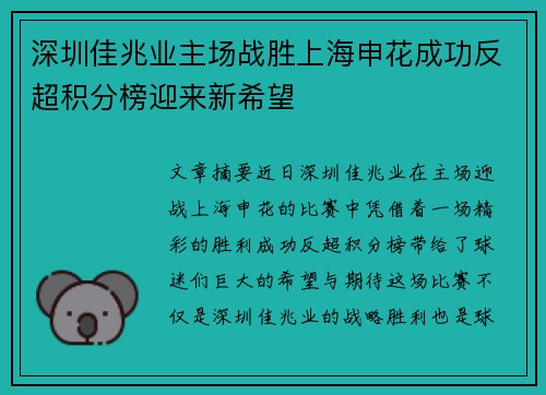 深圳佳兆业主场战胜上海申花成功反超积分榜迎来新希望