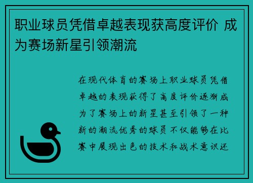 职业球员凭借卓越表现获高度评价 成为赛场新星引领潮流