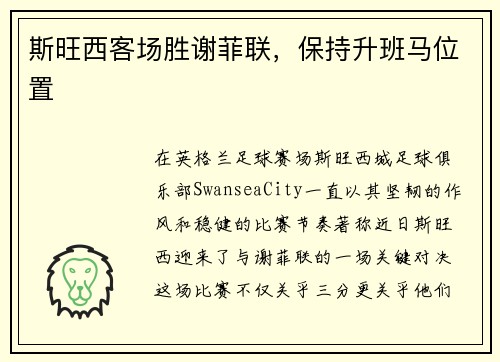 斯旺西客场胜谢菲联，保持升班马位置