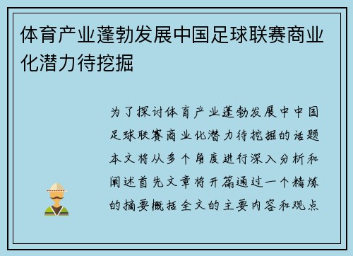 体育产业蓬勃发展中国足球联赛商业化潜力待挖掘