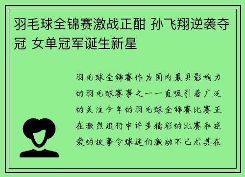 羽毛球全锦赛激战正酣 孙飞翔逆袭夺冠 女单冠军诞生新星
