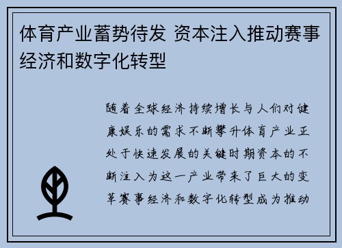 体育产业蓄势待发 资本注入推动赛事经济和数字化转型